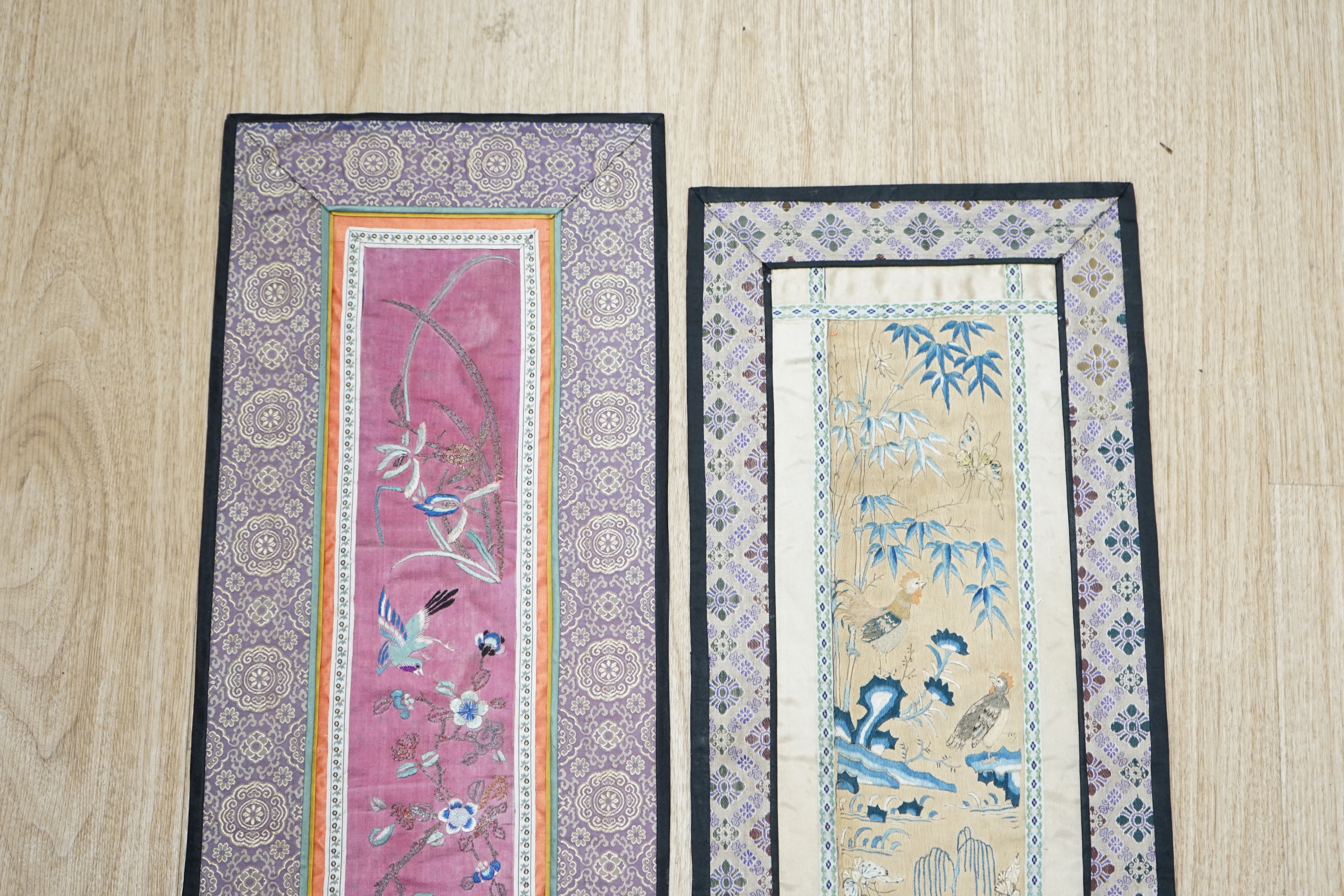 Two Chinese embroidered silk panels, largest 69x23cm